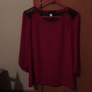 Cranberry sheer blouse with black lace